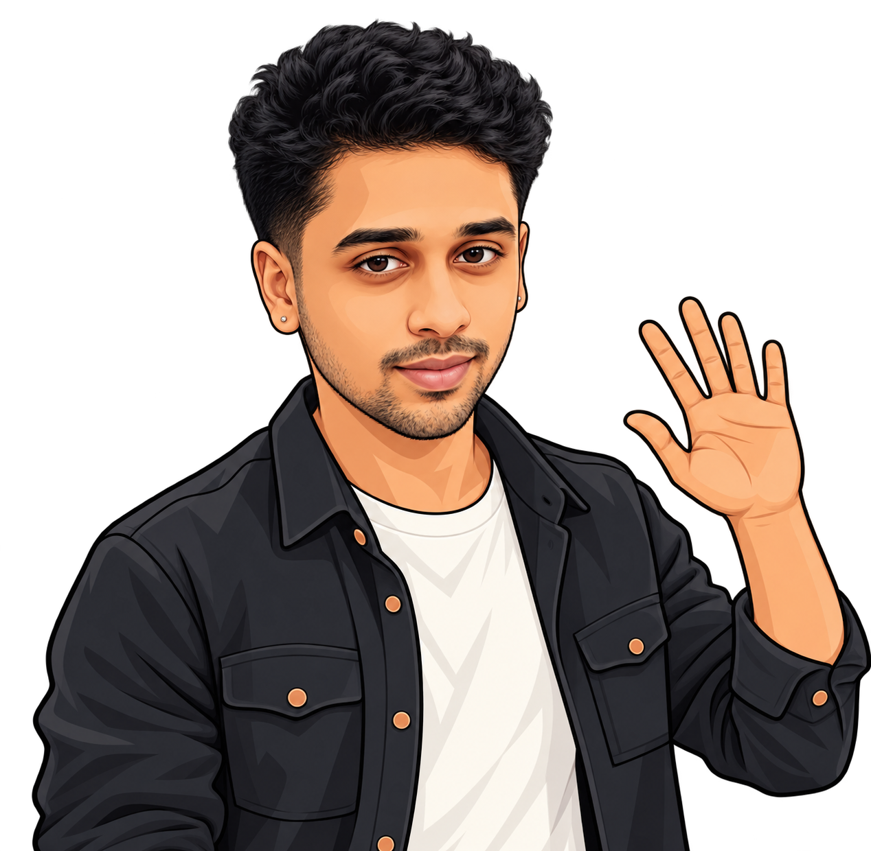 Illustrated Rithick with textured black hair, small ear studs, and a gentle smile, waving hello